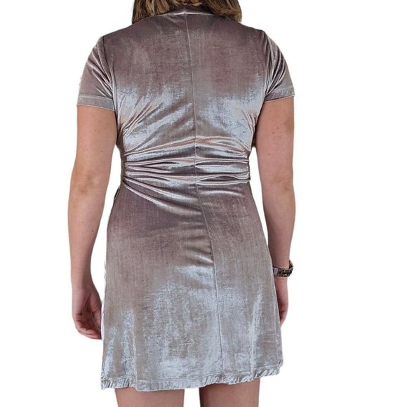 90s M Silver Velvet Skater Mini Dress Mockneck Metallic Shiny Stretchy Party - Picture 3 of 6